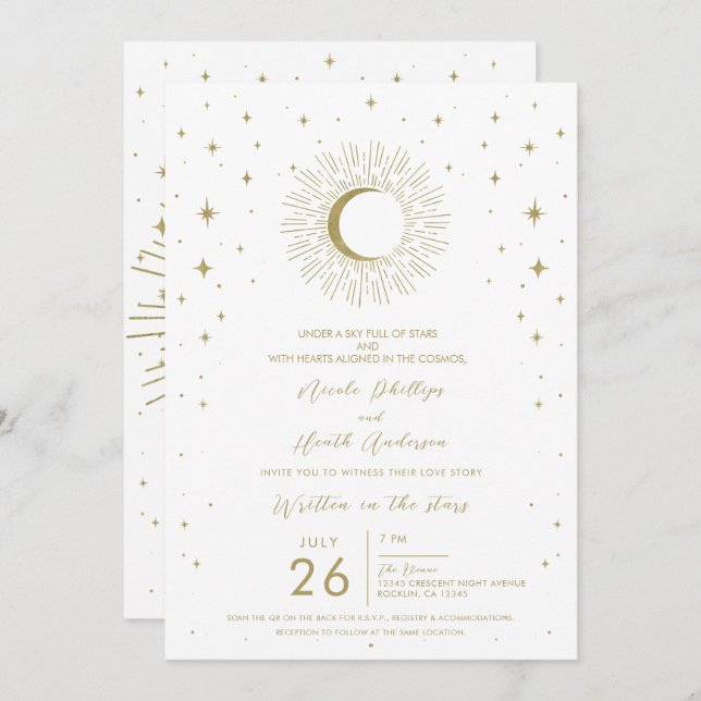 White Gold Stars Celestial Sunburst Photo Wedding Invitation (Front/Back)