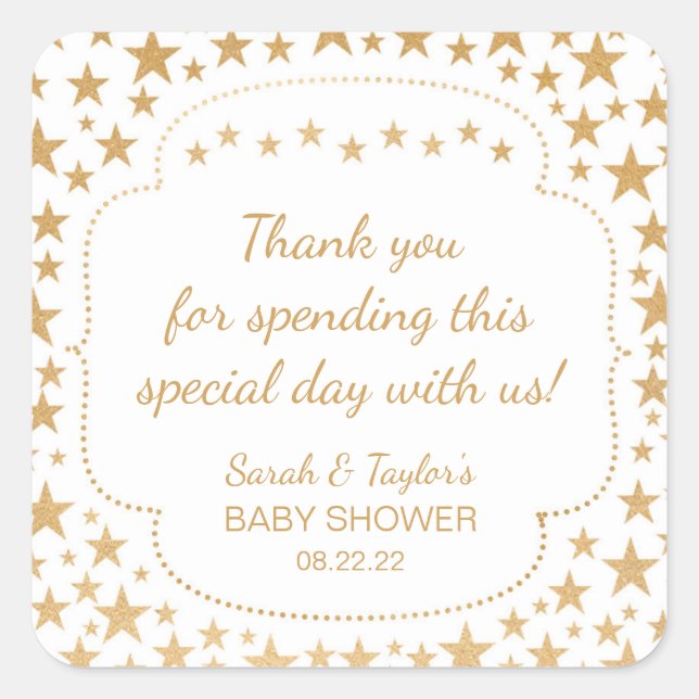 White Gold Stars Neutral Baby Shower favour sticke Square Sticker (Front)