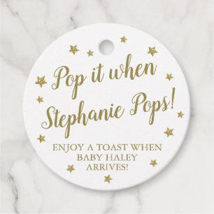 White & Gold Stars Pop It Baby Shower Champagne  Favour Tags