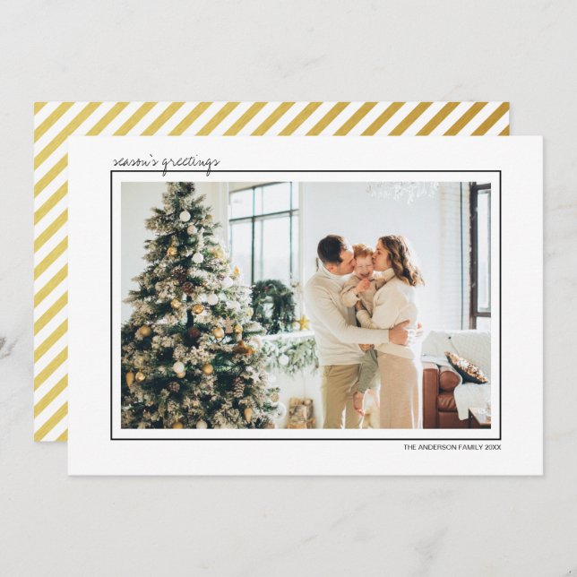 White & Gold Stripes Season's Greetings Photo Holiday Card (Front/Back)