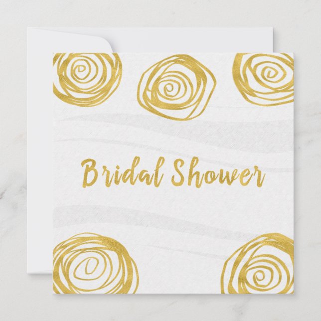 White & Gold Swirl Roses Modern Bridal Shower Invitation (Front)