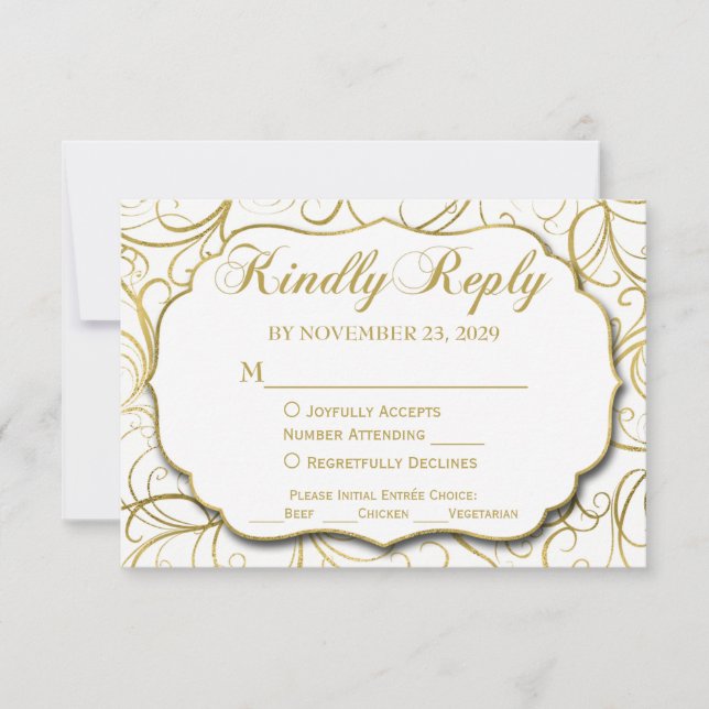 White Gold Swirl RSVP Wedding Response w/ Meal (Front)