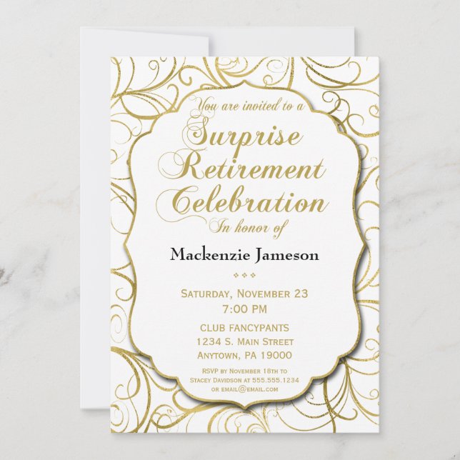 White Gold Swirl Surprise Retirement Invitation (Front)