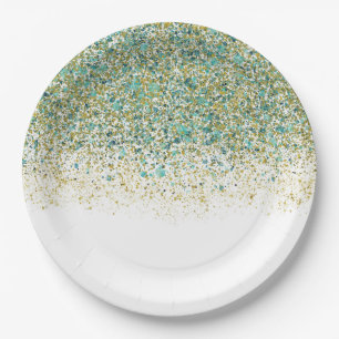 White Gold & Teal Blue Glitter Modern Coastal Glam Paper Plate