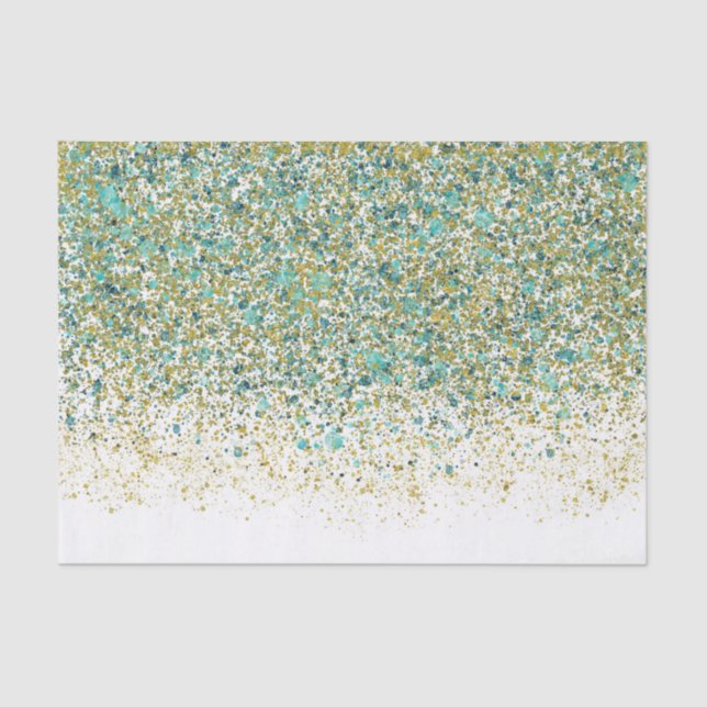 White Gold & Teal Blue Glitter Modern Coastal Glam Tissue Paper (Front)