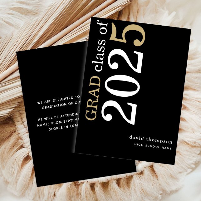 White Gold Text 2025 Black Graduation  Announcement (front and back view)