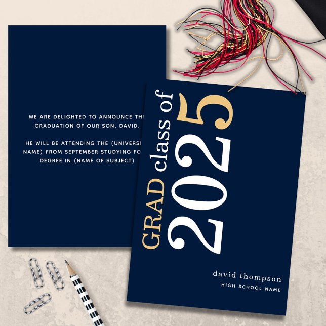White Gold Text 2025 Navy Blue Graduation  Announcement (front and back view)