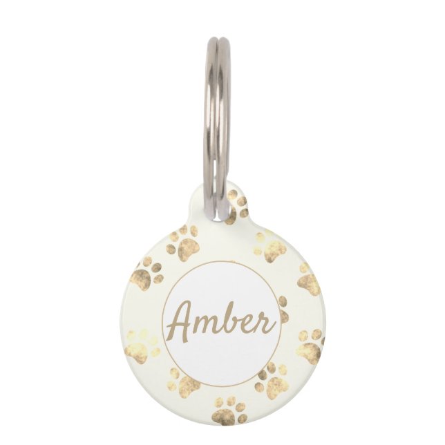 White Gold Textured Paw Print Personalised Pet Tag (Front)
