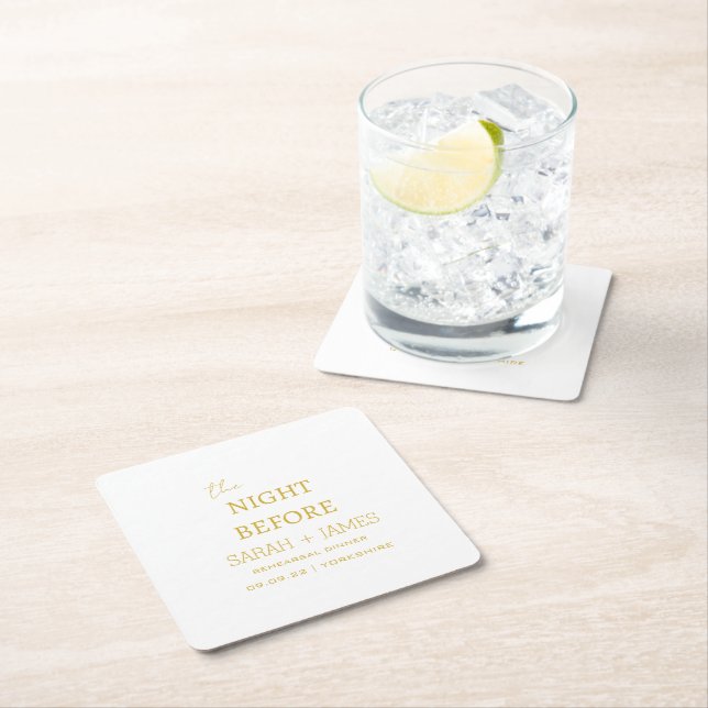 White Gold The Night Before Rehearsal Dinner Party Square Paper Coaster (Insitu)