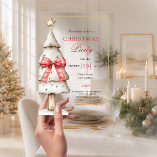 White gold tree red tartan bow Christmas Party Acrylic Invitations