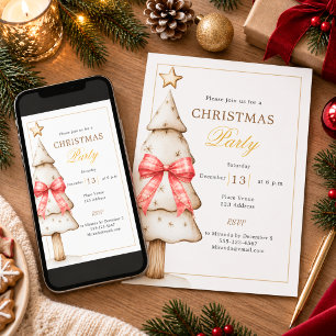 White gold tree red tartan bow Christmas Party Invitation