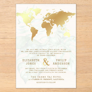 White Gold Tropical Destination World Map Wedding Acrylic Invitations