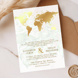 White Gold Tropical Destination World Map Wedding Acrylic Invitations