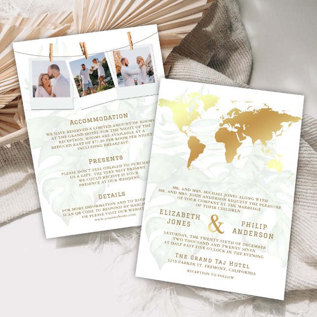White Gold Tropical Destination World Map Wedding Invitation (Creator Uploaded)