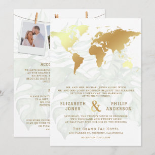 White Gold Tropical Destination World Map Wedding Invitation