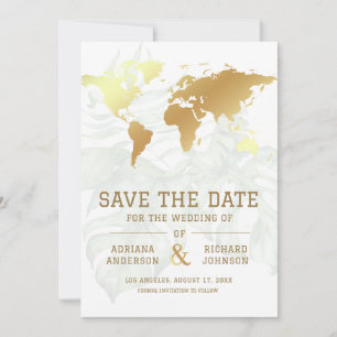 White Gold Tropical Destination World Map Wedding Save The Date