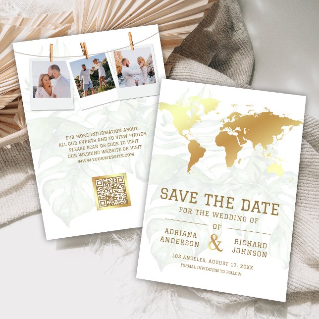 White Gold Tropical Destination World Map Wedding Save The Date (Creator Uploaded)