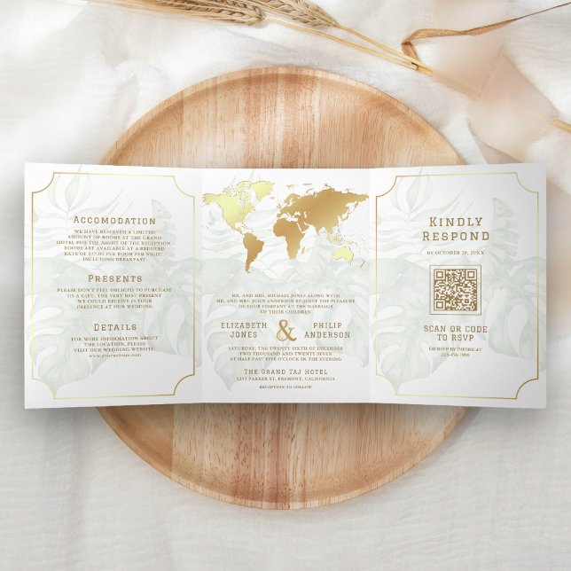 White Gold Tropical Destination World Map Wedding Tri-Fold Invitation (Creator Uploaded)