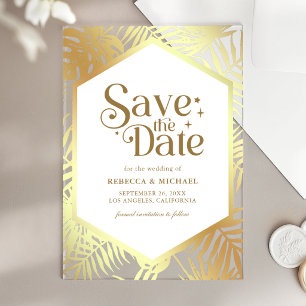 White Gold Tropical Palm Wedding Save the Date Acrylic Invitations