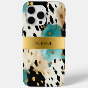 White Gold Turquoise Black Cowhide Name iPhone 15 Pro Max Case