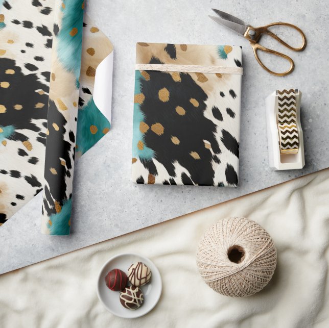 White Gold Turquoise Black Cowhide Name Wrapping Paper (Crafts)