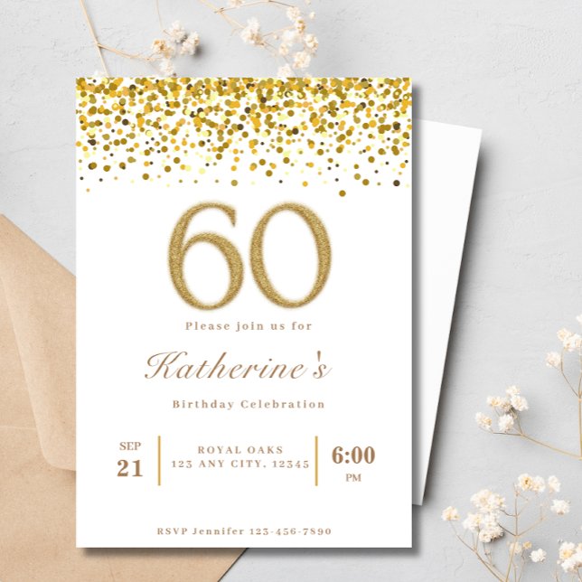 White & Gold Typography 60th Modern Birthday Invitation (Creator Uploaded)