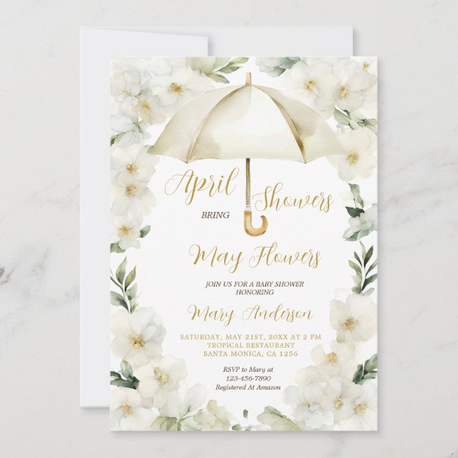 White Gold Umbrella April Showers Invite (Front)