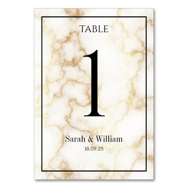 White & Gold Vein Marble Wedding Table Number Card (Front)