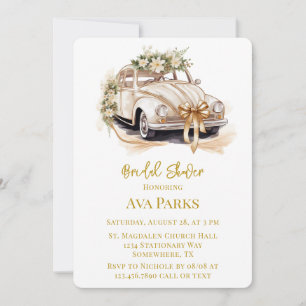 White Gold Vintage Car and Florals Bridal Shower Invitation