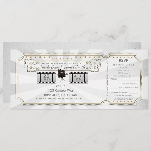 White Gold Vintage Cinema Wedding Ticket & RSVP Invitation (Front/Back)