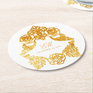White & Gold Vintage Monogram Crest Wedding Logo Round Paper Coaster