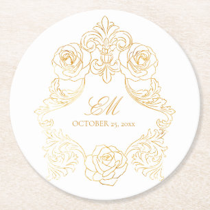 White & Gold Vintage Monogram Crest Wedding Logo Round Paper Coaster