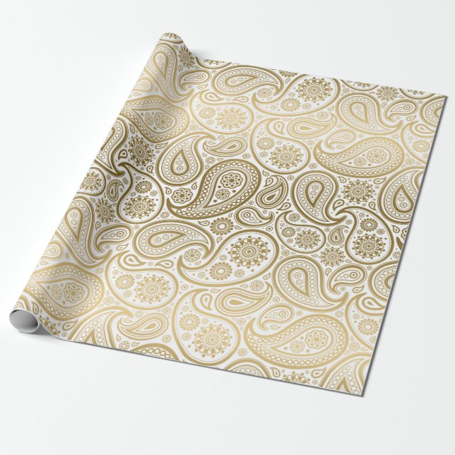 White & Gold Vintage Paisley Pattern Wrapping Paper (Unrolled)