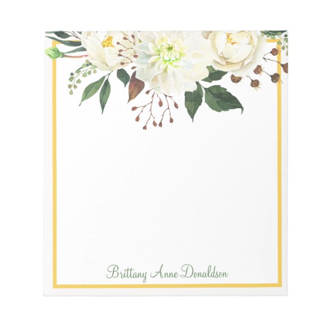 White Gold Watercolor Floral Name Personalise Notepad (Front)