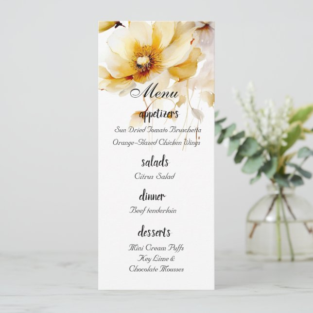 White & Gold Watercolor Florals Wedding Menu (Standing Front)