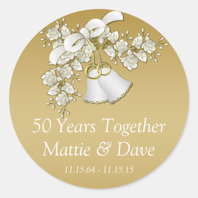 White Gold Wedding Bells Flowers 50th Anniversary Classic Round Sticker (Front)