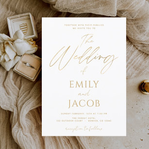 White Gold Wedding Modern Typography Script Invitation