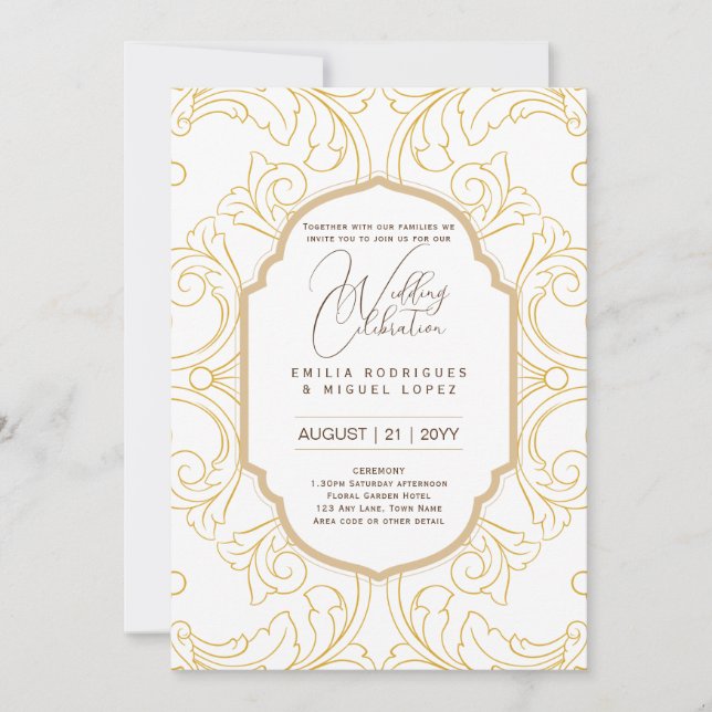 White Gold Wedding Theme Ornate Elegant Classy Invitation (Front)