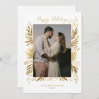 White Gold Winter Botanical Christmas 4 Photo Holiday Card