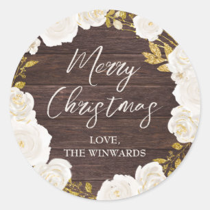 White & Gold Winter Floral Wreath Christmas Classic Round Sticker