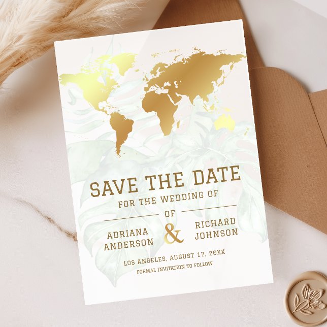 White Gold World Map Wedding Save the Date Acrylic Invitations (Creator Uploaded)