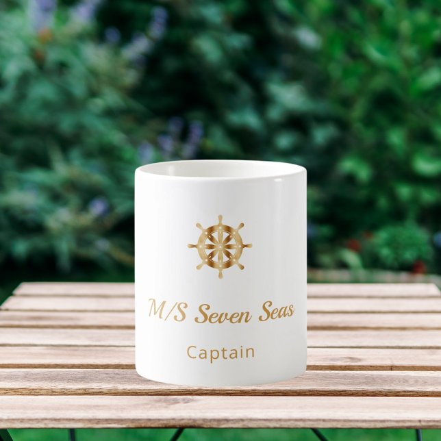 White gold yacht boat name steering wheel captain coffee mug (Creator Uploaded)