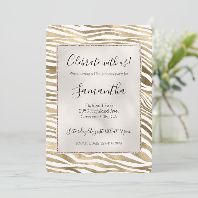 White Gold Zebra Animal Print   Invitation (Standing Front)