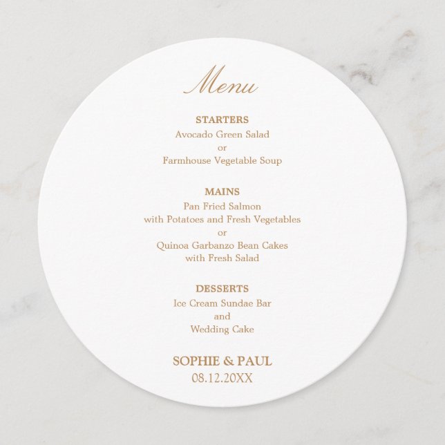 White Golden Beige Round Wedding Menu (Front)