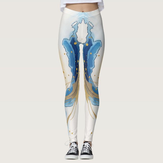 White-Golden-Blue Print Leggings (Front)