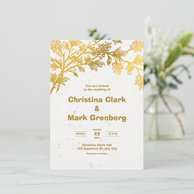 White Golden Modern Wedding Invitation (Standing Front)