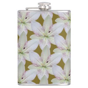 White Golden-rayed lily Flower ,Personalised Name Hip Flask