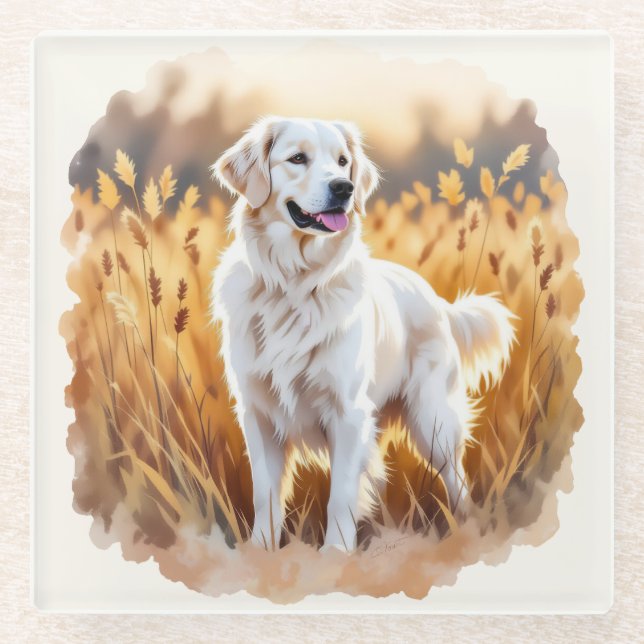 White Golden Retriever Dog Glass Coaster (Front)