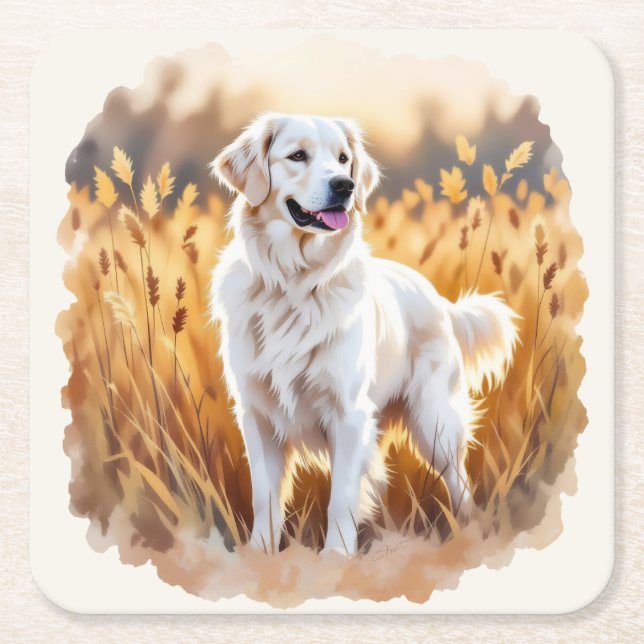 White Golden Retriever Dog Square Paper Coaster (Front)