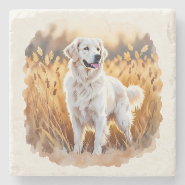 White Golden Retriever Dog Stone Coaster (Front)